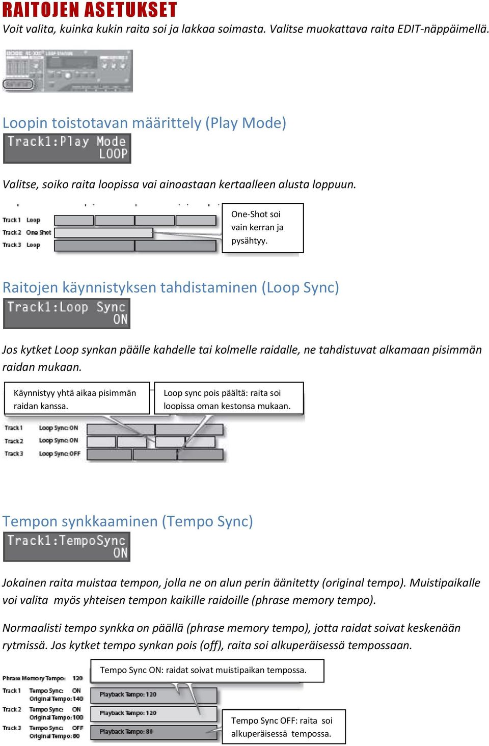 Raitojen käynnistyksen tahdistaminen (Loop Sync) Jos kytket Loop synkan päälle kahdelle tai kolmelle raidalle, ne tahdistuvat alkamaan pisimmän raidan mukaan.