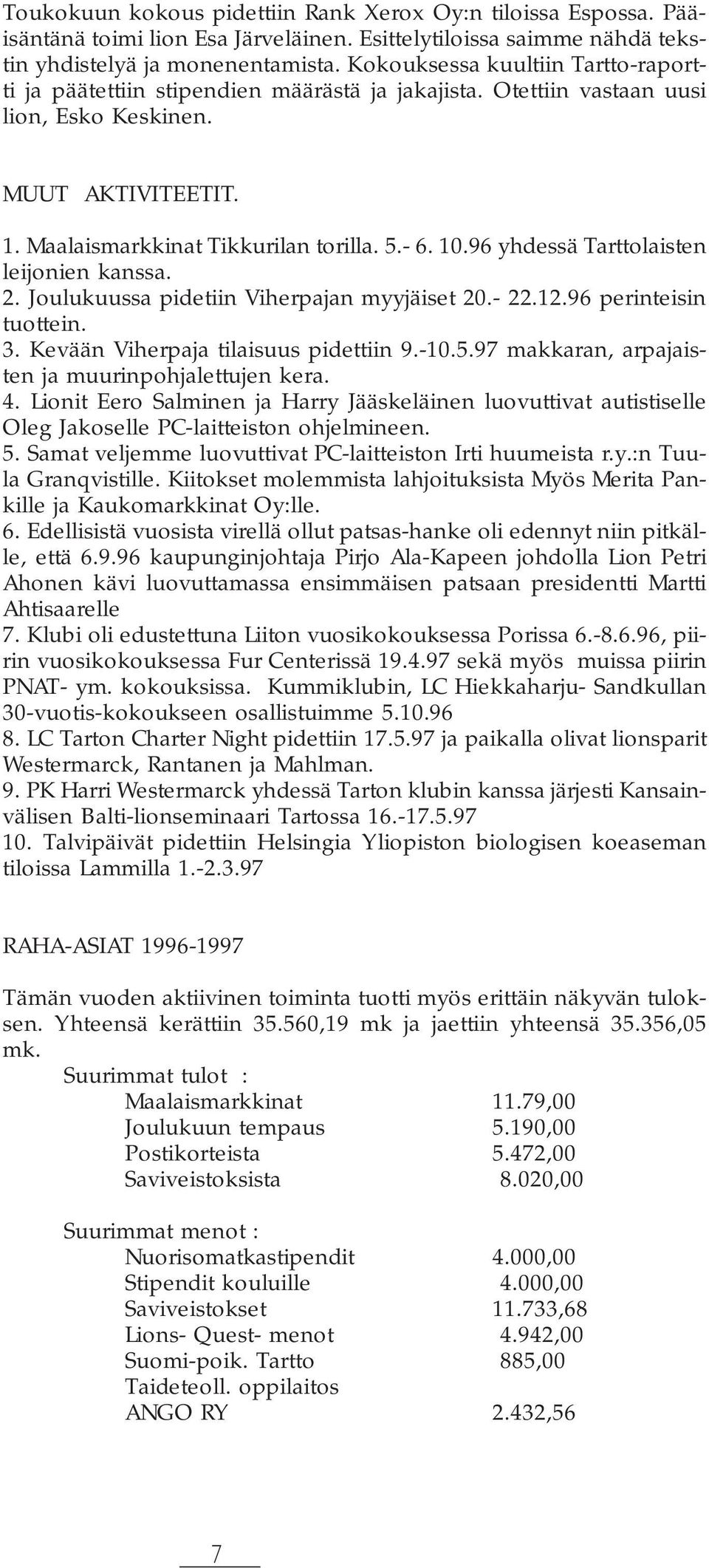 96 yhdessä Tarttolaisten leijonien kanssa. 2. Joulukuussa pidetiin Viherpajan myyjäiset 20.- 22.12.96 perinteisin tuottein. 3. Kevään Viherpaja tilaisuus pidettiin 9.-10.5.