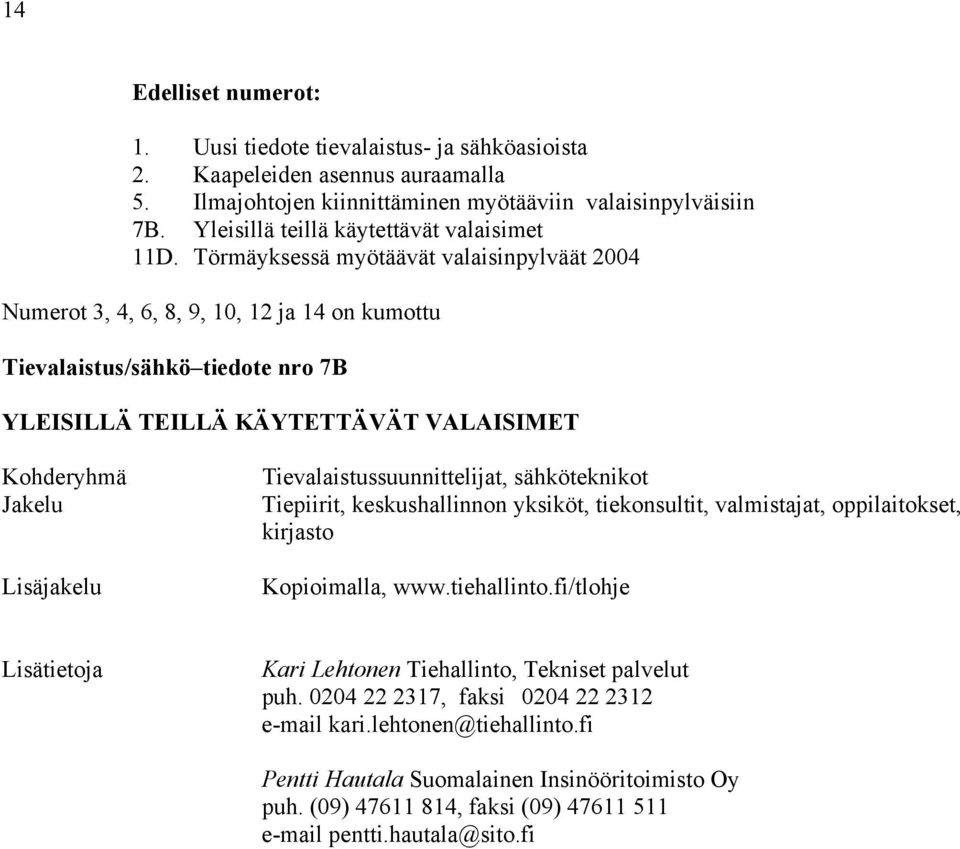 Törmäyksessä myötäävät valaisinpylväät 2004 Numerot 3, 4, 6, 8, 9, 10, 12 ja 14 on kumottu Tievalaistus/sähkö tiedote nro 7B YLEISILLÄ TEILLÄ KÄYTETTÄVÄT VALAISIMET Kohderyhmä Jakelu Lisäjakelu