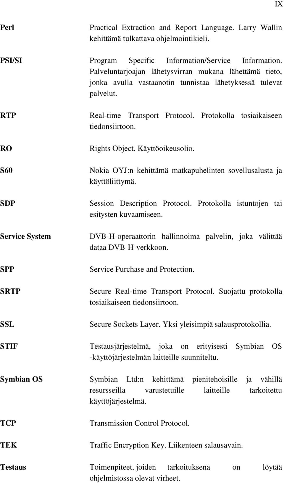 Protokolla tosiaikaiseen tiedonsiirtoon. Rights Object. Käyttöoikeusolio. Nokia OYJ:n kehittämä matkapuhelinten sovellusalusta ja käyttöliittymä. Session Description Protocol.