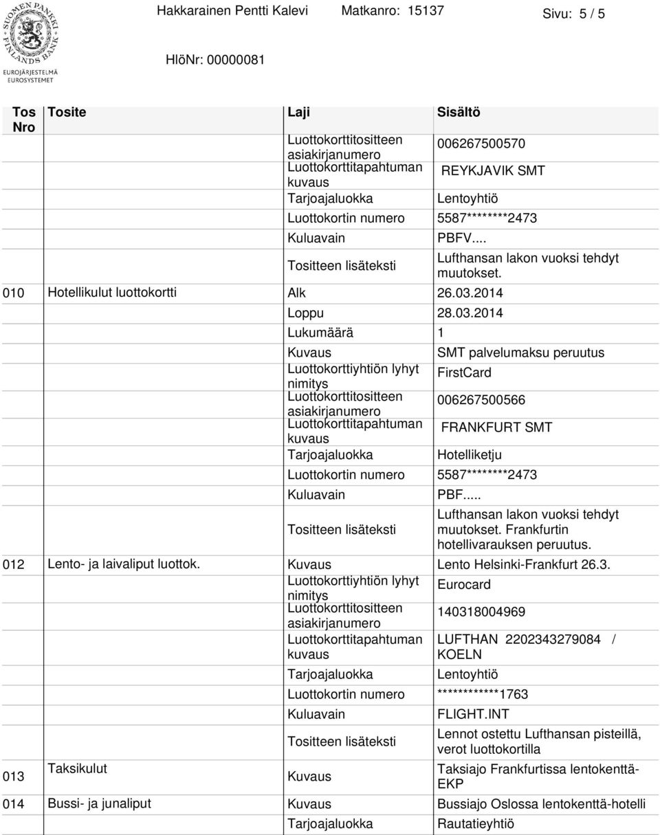012 Lento Helsinki-Frankfurt 26.3. Luottokorttitositteen 140318004969 Luottokorttitapahtuman LUFTHAN 2202343279084 / KOELN FLIGHT.