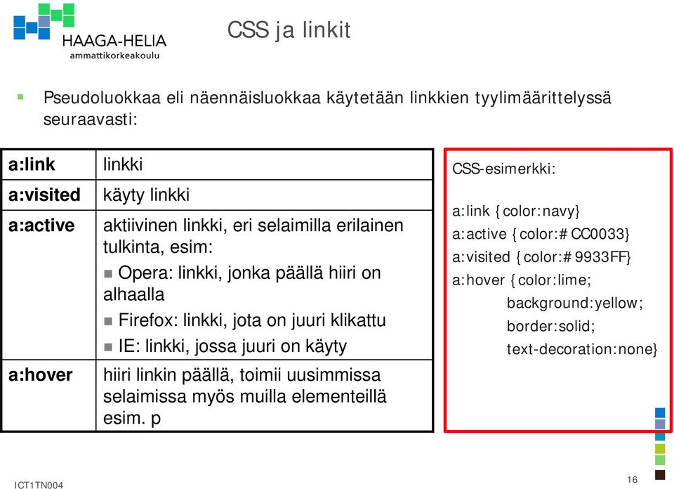 juuri klikattu IE: linkki, jossa juuri on käyty hiiri linkin päällä, toimii uusimmissa selaimissa myös muilla elementeillä esim.