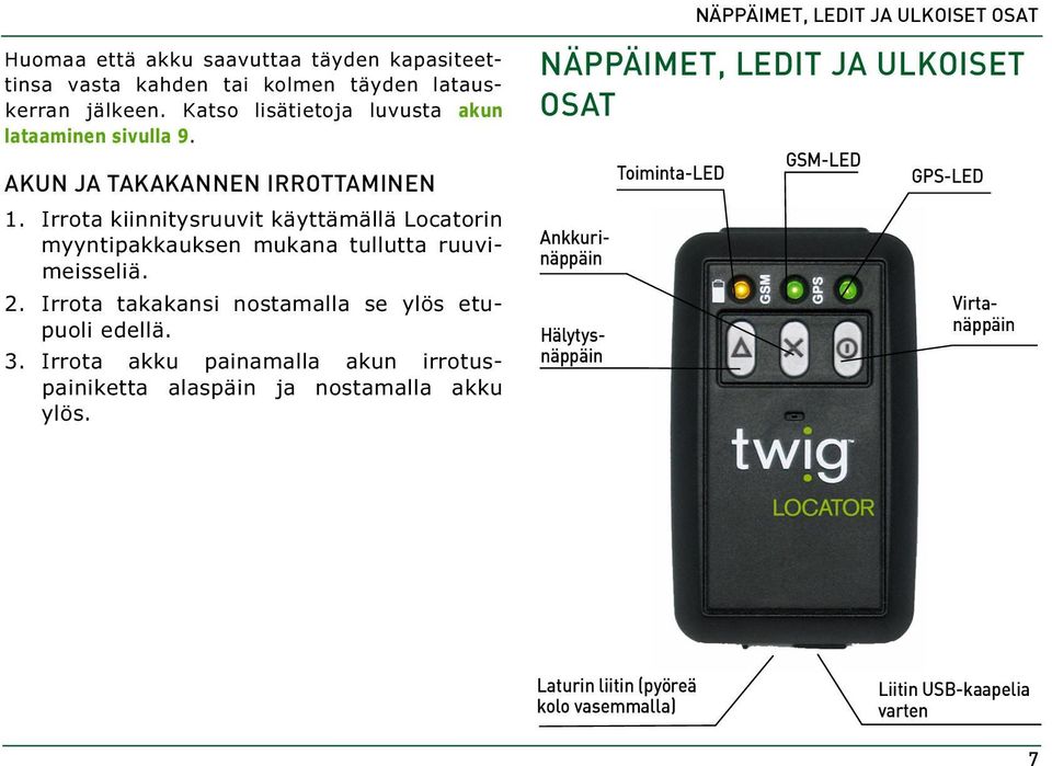 Irrota kiinnitysruuvit käyttämällä Locatorin myyntipakkauksen mukana tullutta ruuvimeisseliä. 2. Irrota takakansi nostamalla se ylös etupuoli edellä. 3.