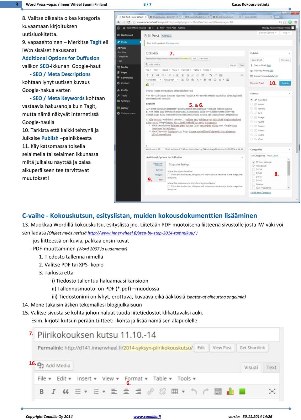 SEO / Meta Keywords kohtaan vastaavia hakusanoja kuin Tagit, mutta nämä näkyvät Internetissä Google-haulla 10. Tarkista että kaikki tehtynä ja Julkaise Publish painikkeesta 11.