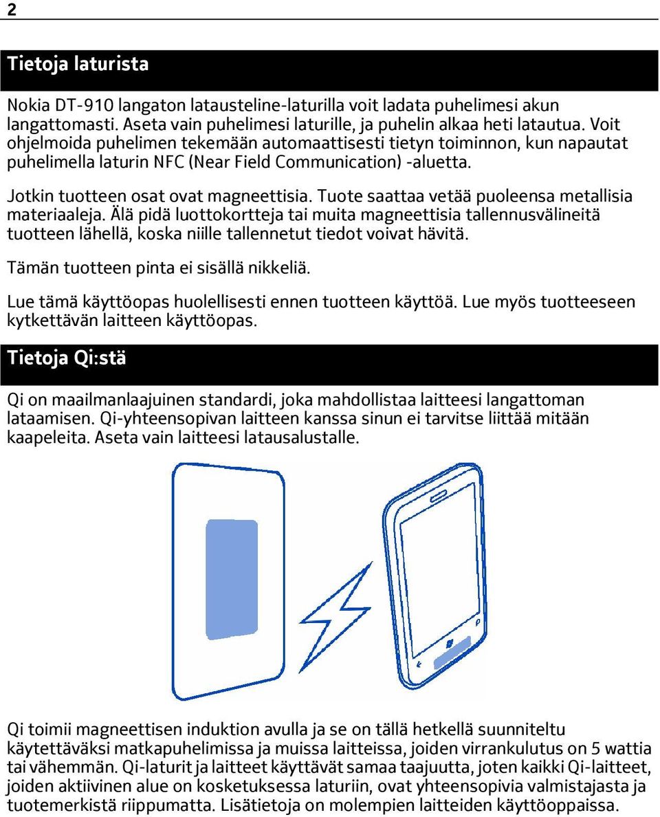 Tuote saattaa vetää puoleensa metallisia materiaaleja. Älä pidä luottokortteja tai muita magneettisia tallennusvälineitä tuotteen lähellä, koska niille tallennetut tiedot voivat hävitä.