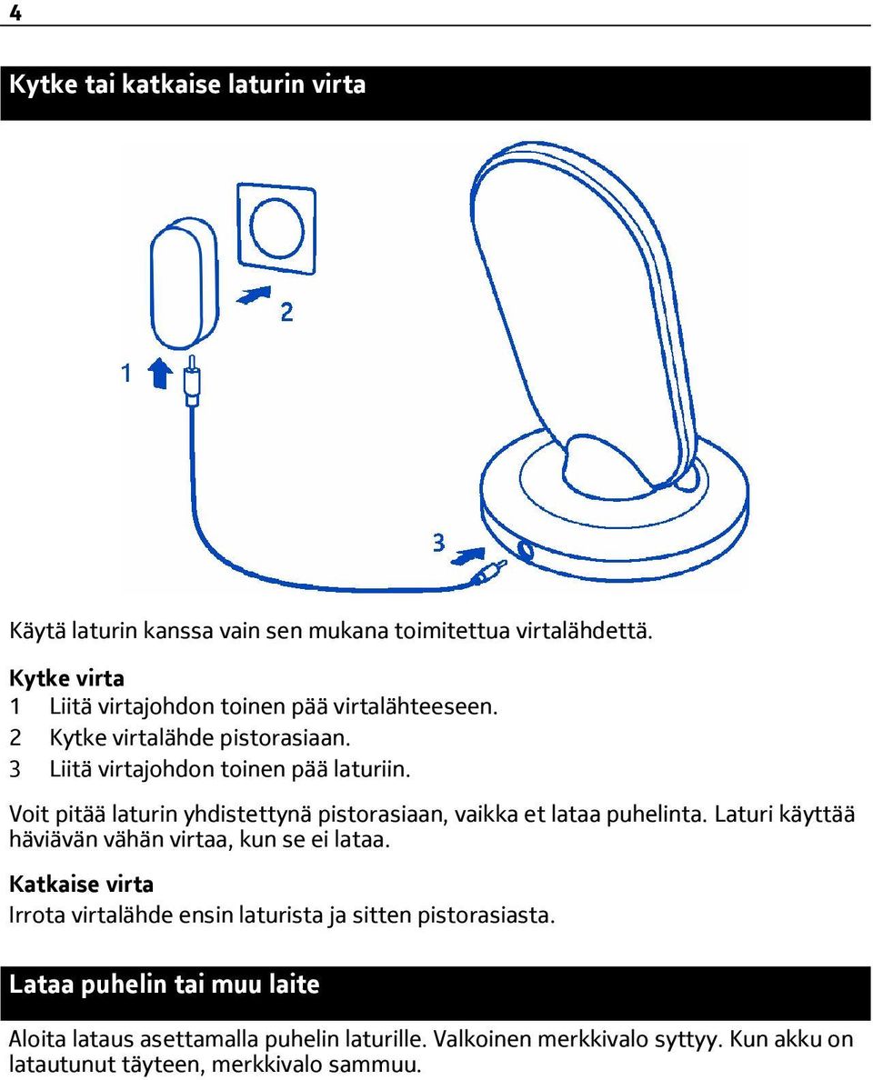 Voit pitää laturin yhdistettynä pistorasiaan, vaikka et lataa puhelinta. Laturi käyttää häviävän vähän virtaa, kun se ei lataa.