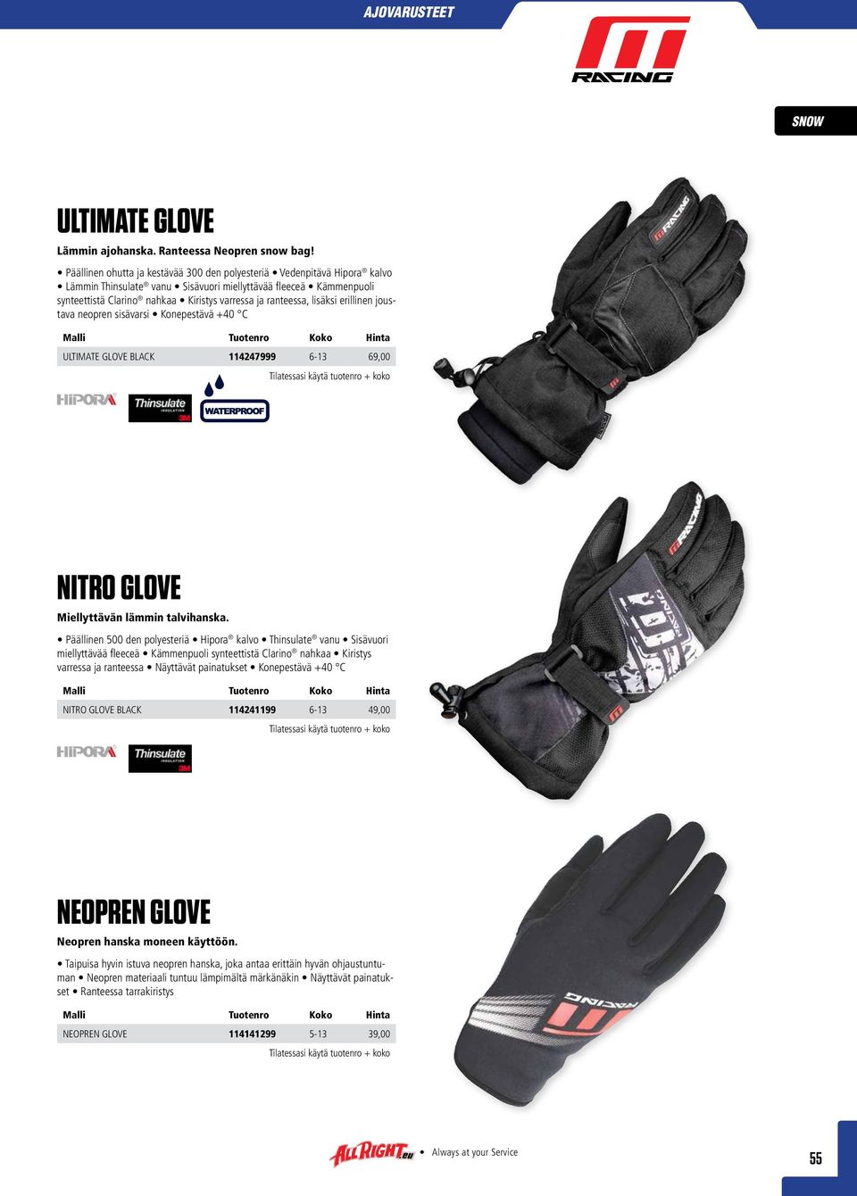 lisäksi erillinen joustava neopren sisävarsi Konepestävä +40 C ULTIMATE GLOVE BLACK 114247999 6-13 69,00 NITRO GLOVE Miellyttävän lämmin talvihanska.