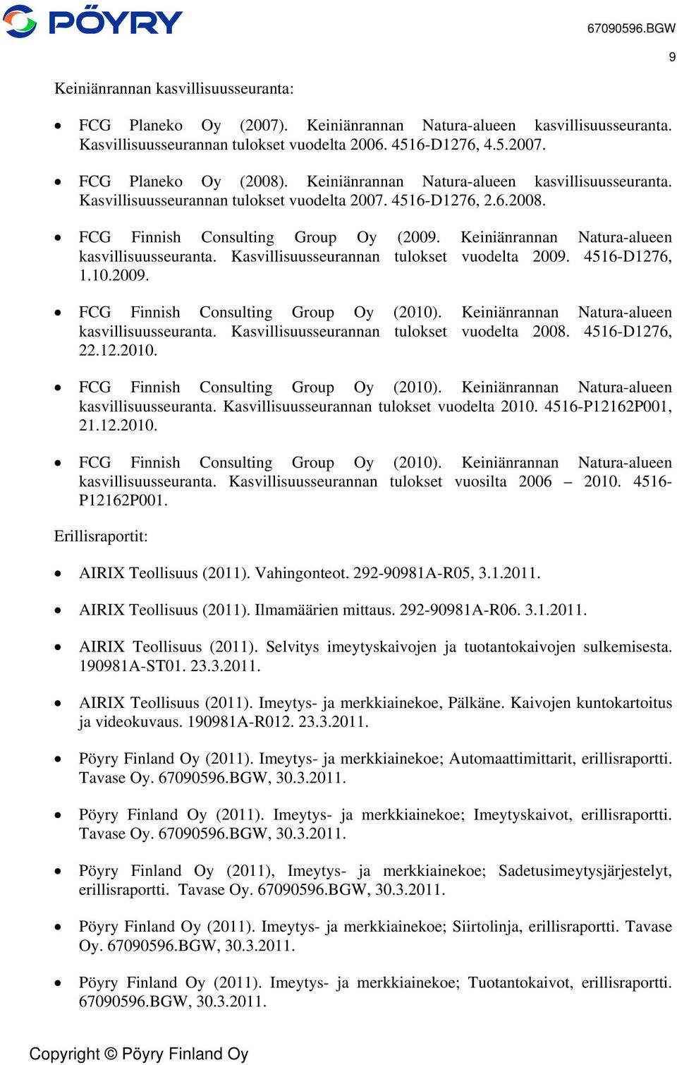 Keiniänrannan Natura-alueen kasvillisuusseuranta. Kasvillisuusseurannan tulokset vuodelta 2009. 4516-D1276, 1.10.2009. FCG Finnish Consulting Group Oy (2010).