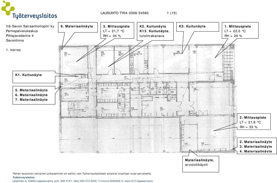 Materiaalinäyte 6. Materiaalinäyte 7. Materiaalinäyte 2. Mittauspiste LT = 21,8 C RH = 33 % 2. Materiaalinäyte 3. Materiaalinäyte 4.