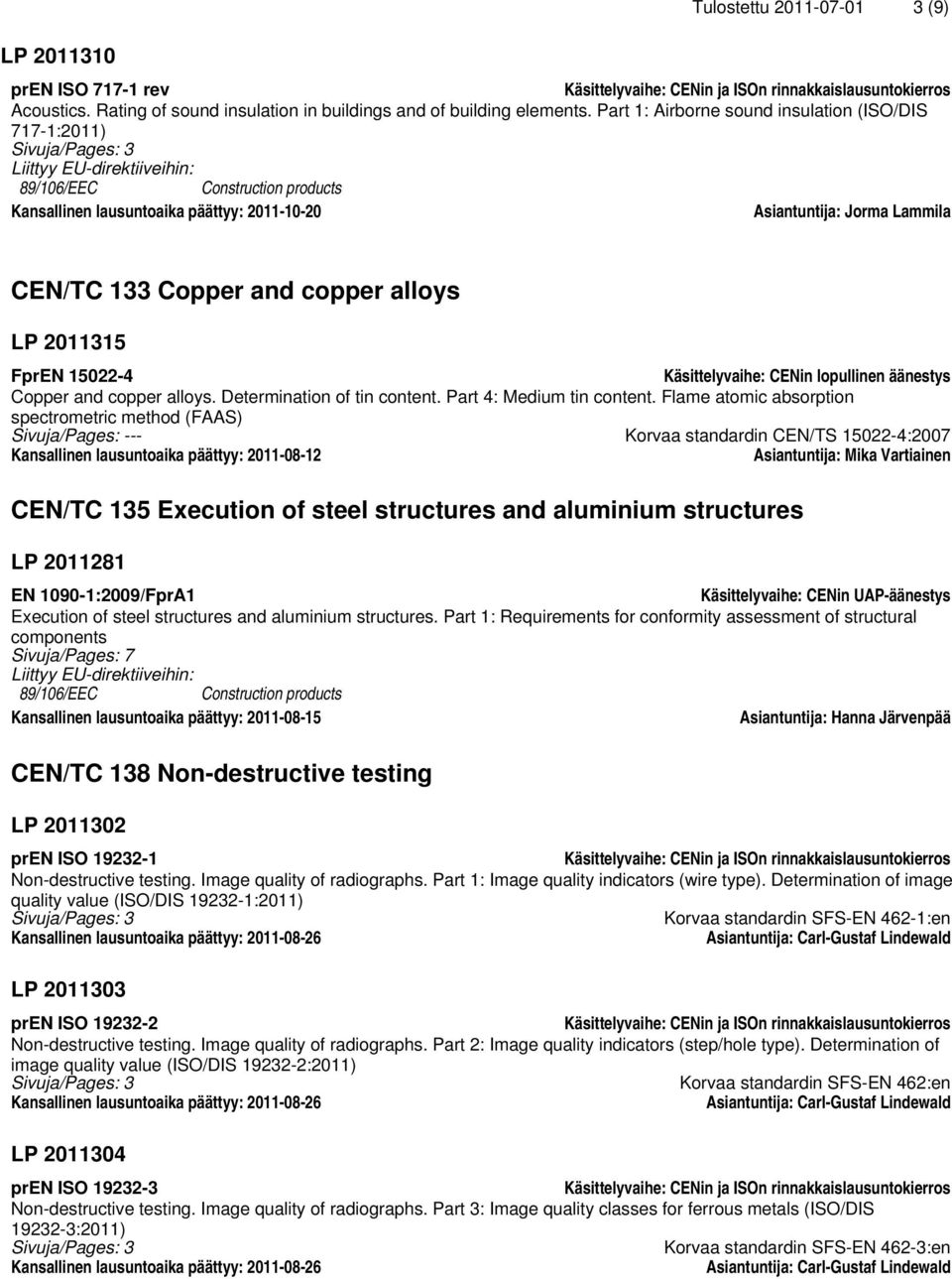 copper alloys LP 2011315 FprEN 15022-4 Copper and copper alloys. Determination of tin content. Part 4: Medium tin content.