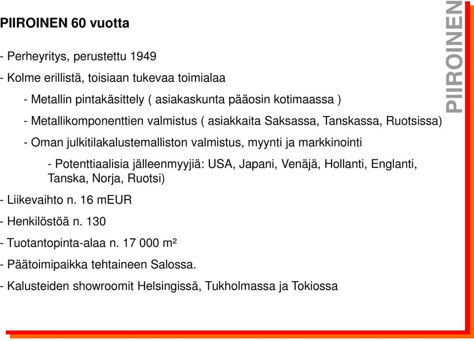 myynti ja markkinointi - Potenttiaalisia jälleenmyyjiä: USA, Japani, Venäjä, Hollanti, Englanti, Tanska, Norja, Ruotsi) - Liikevaihto n.