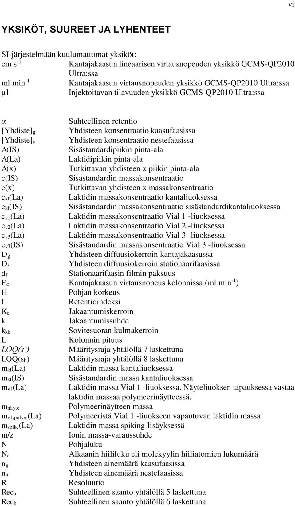 nestefaasissa A(IS) Sisästandardipiikin pinta-ala A(La) Laktidipiikin pinta-ala A(x) Tutkittavan yhdisteen x piikin pinta-ala c(is) Sisästandardin massakonsentraatio c(x) Tutkittavan yhdisteen x