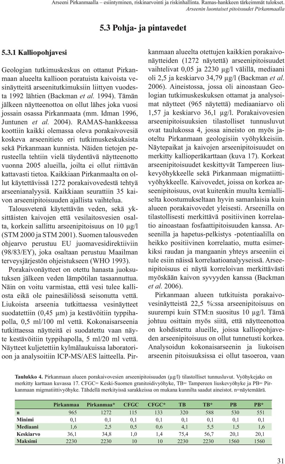 1 Kalliopohjavesi Geologian tutkimuskeskus on ottanut Pirkanmaan alueelta kallioon poratuista kaivoista vesinäytteitä arseenitutkimuksiin liittyen vuodesta 1992 lähtien (Backman et al. 1994).