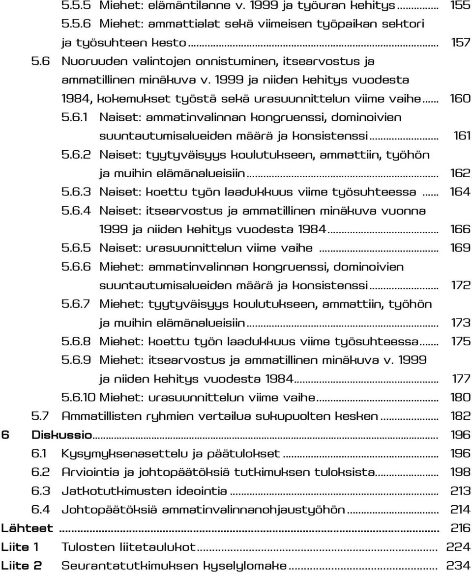 .. 161 5.6.2 Naiset: tyytyväisyys koulutukseen, ammattiin, työhön ja muihin elämänalueisiin... 162 5.6.3 Naiset: koettu työn laadukkuus viime työsuhteessa... 164 5.6.4 Naiset: itsearvostus ja ammatillinen minäkuva vuonna 1999 ja niiden kehitys vuodesta 1984.