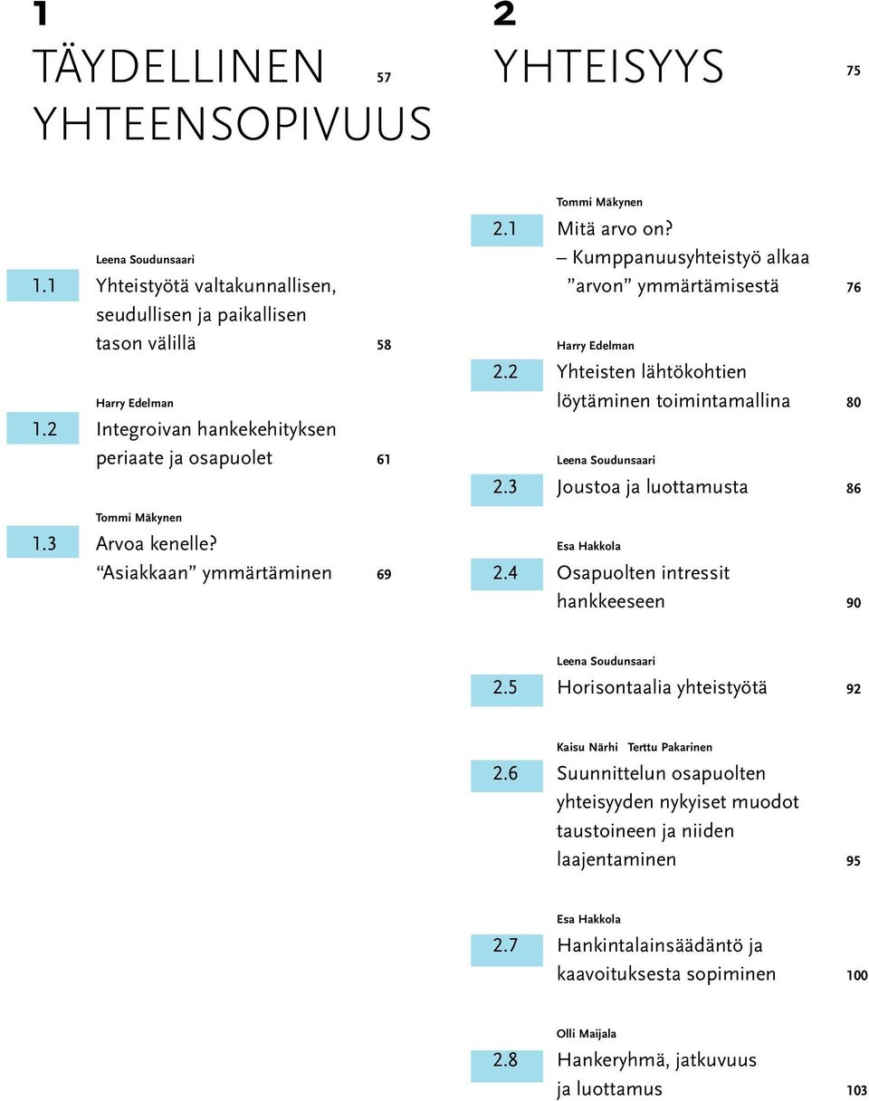 2 Yhteisten lähtökohtien löytäminen toimintamallina Leena Soudunsaari 2.3 Joustoa ja luottamusta 76 80 86 Tommi Mäkynen 1.3 Arvoa kenelle? Asiakkaan ymmärtäminen 69 Esa Hakkola 2.