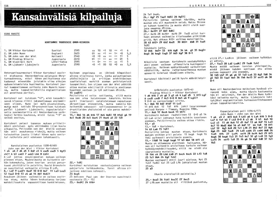 SM Ljubomir Ljubojevic JugosLavia Veteraani suurmestari Viktor Kortshnoi osoitti elokuussa Amsterdamissa pelatussa Ohraturnauksessa, ettei hänen pelitaitonsa ole kadonnut minnekään joistakin viime