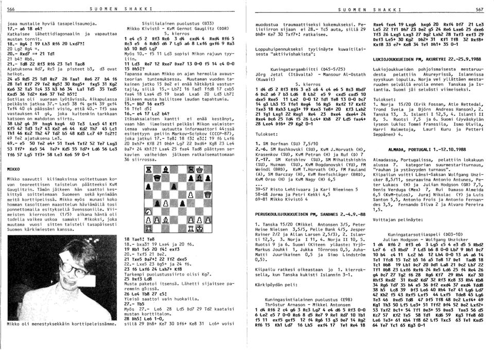 30 Rxg5+ fxgs 31 Kg2 Ke6 32 TaS Te4 33 h3 h6 34 La1 TdS 3S TxdS KxdS 36 Td2+ Ke6 37 Te2 hs?! SotiLas oli suoraan Lyötävissä. Aikapulassa pelkäsin jatkoa 37.
