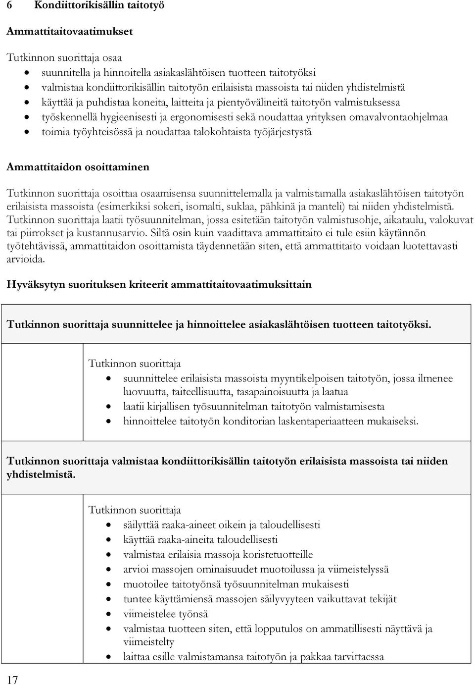 työyhteisössä ja noudattaa talokohtaista työjärjestystä Ammattitaidon osoittaminen osoittaa osaamisensa suunnittelemalla ja valmistamalla asiakaslähtöisen taitotyön erilaisista massoista (esimerkiksi