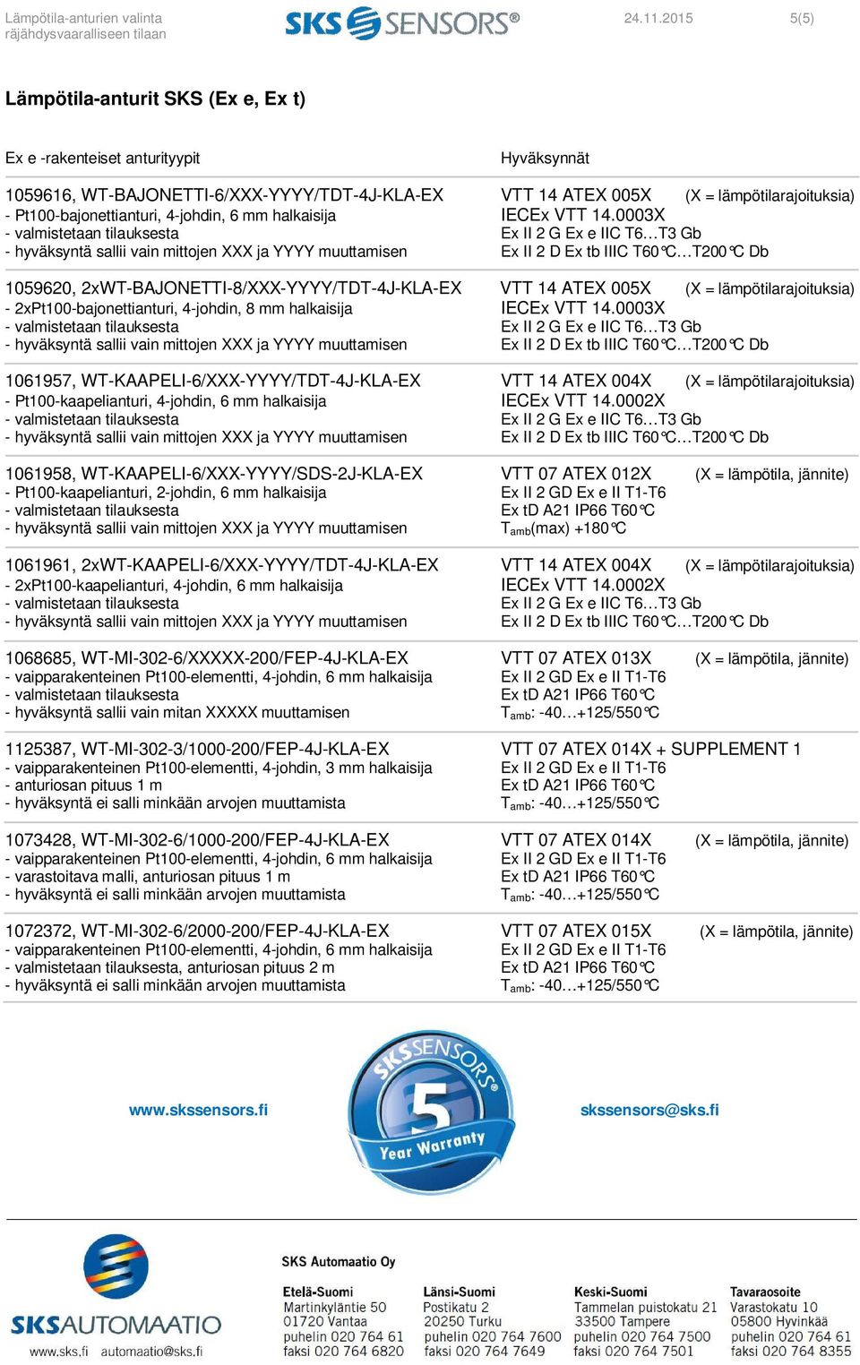 4-johdin, 6 mm halkaisija IEC VTT 14.0003X 1059620, 2xWT-BAJONETTI-8/XXX-YYYY/TDT-4J-KLA-EX VTT 14 ATEX 005X (X = lämpötilarajoituksia) - 2xPt100-bajonettianturi, 4-johdin, 8 mm halkaisija IEC VTT 14.