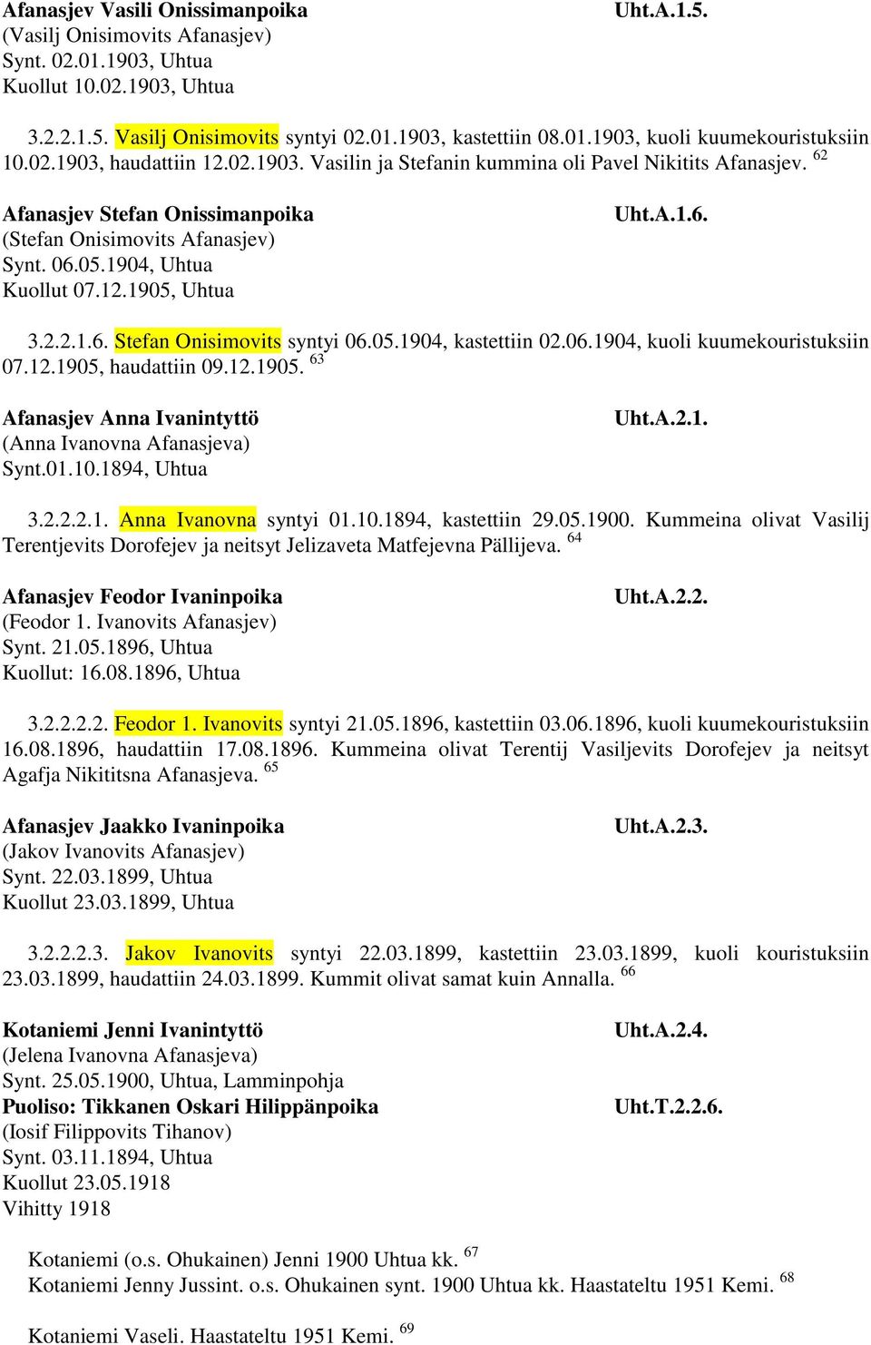 A.1.6. 3.2.2.1.6. Stefan Onisimovits syntyi 06.05.1904, kastettiin 02.06.1904, kuoli kuumekouristuksiin 07.12.1905, haudattiin 09.12.1905. 63 Afanasjev Anna Ivanintyttö (Anna Ivanovna Afanasjeva) Synt.