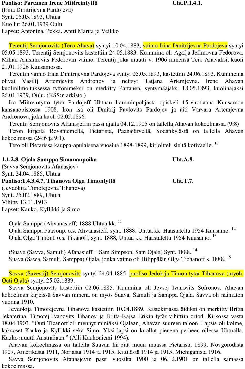 Terentij joka muutti v. 1906 nimensä Tero Ahavaksi, kuoli 21.01.1926 Kuusamossa. Terentin vaimo Irina Dmitrijevna Pardojeva syntyi 05.05.1893,