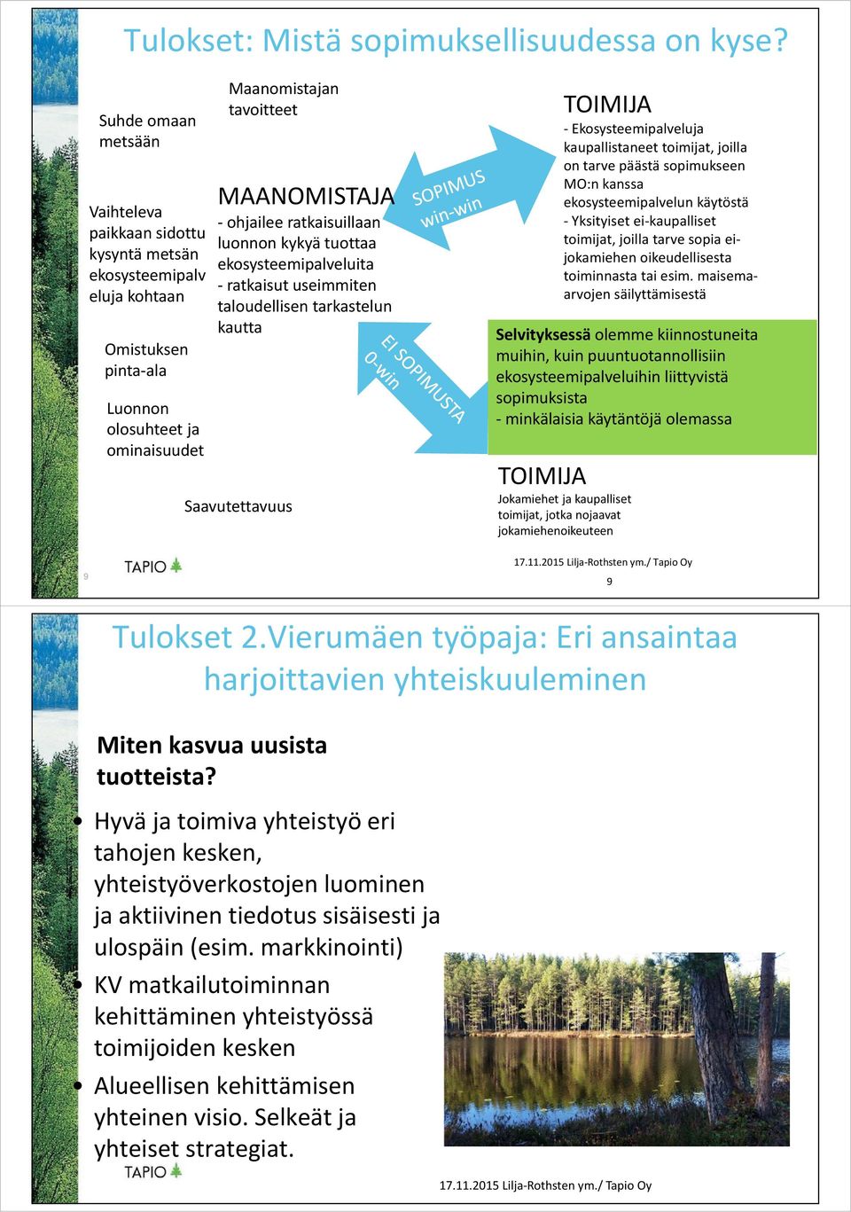 ratkaisuillaan luonnon kykyä tuottaa ekosysteemipalveluita ratkaisut useimmiten taloudellisen tarkastelun kautta Saavutettavuus TOIMIJA Ekosysteemipalveluja kaupallistaneet toimijat, joilla on tarve