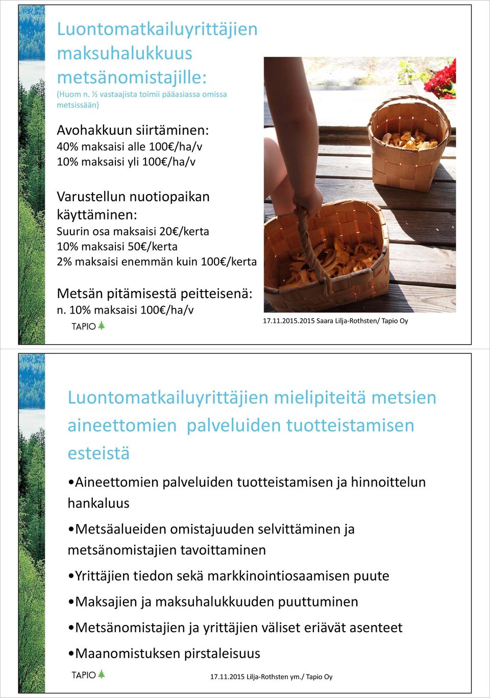 10% maksaisi 50 /kerta 2% maksaisi enemmän kuin 100 /kerta Metsän pitämisestä peitteisenä: n. 10% maksaisi 100 /ha/v 17.11.2015.