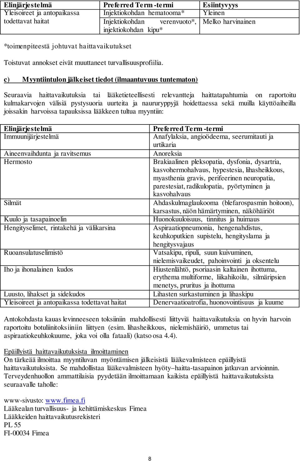 c) Myyntiintulon jälkeiset tiedot (ilmaantuvuus tuntematon) Seuraavia haittavaikutuksia tai lääketieteellisesti relevantteja haittatapahtumia on raportoitu kulmakarvojen välisiä pystysuoria uurteita