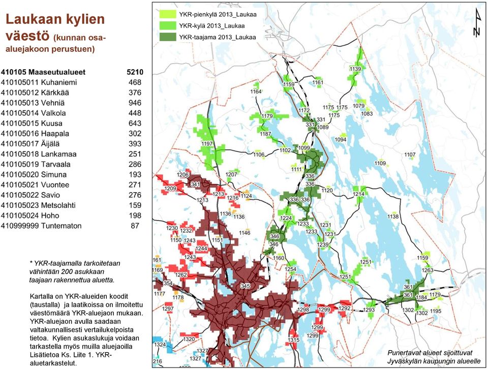 Kartalla on YKR-alueiden koodit (taustalla) ja laatikoissa on ilmoitettu väestömäärä YKR-aluejaon mukaan.