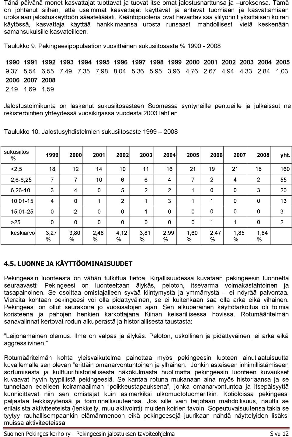 Kääntöpuolena ovat havaittavissa ylilyönnit yksittäisen koiran käytössä, kasvattaja käyttää hankkimaansa urosta runsaasti mahdollisesti vielä keskenään samansukuisille kasvateilleen. Taulukko 9.