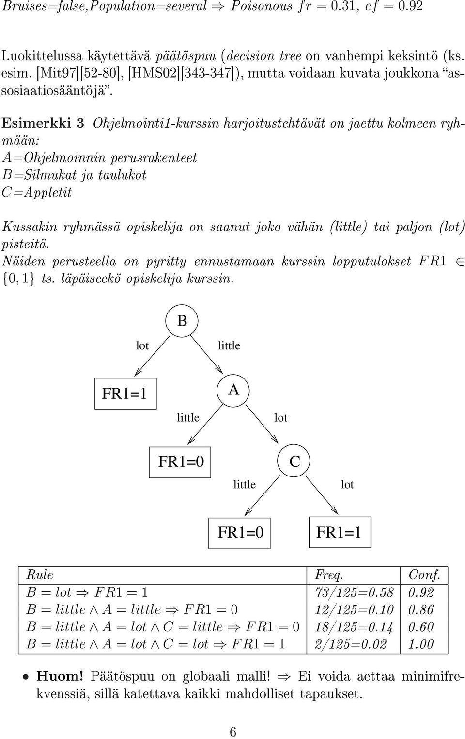 Esimerkki 3 Ohjelmointi1-kurssin harjoitustehtävät on jaettu kolmeen ryhmään: A=Ohjelmoinnin perusrakenteet B=Silmukat ja taulukot C=Appletit Kussakin ryhmässä opiskelija on saanut joko vähän