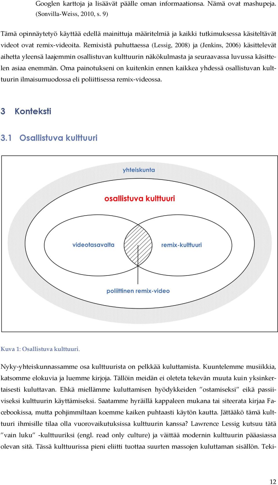 Remixistä puhuttaessa (Lessig, 2008) ja (Jenkins, 2006) käsittelevät aihetta yleensä laajemmin osallistuvan kulttuurin näkökulmasta ja seuraavassa luvussa käsittelen asiaa enemmän.