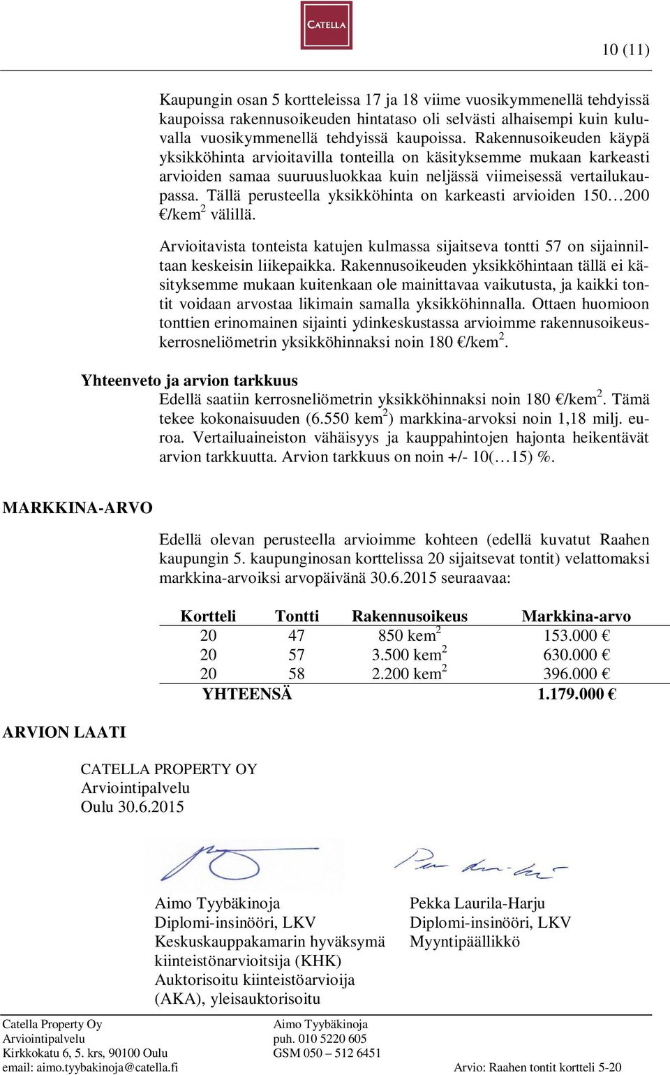 Tällä perusteella yksikköhinta on karkeasti arvioiden 150 200 /kem 2 välillä. Arvioitavista tonteista katujen kulmassa sijaitseva tontti 57 on sijainniltaan keskeisin liikepaikka.