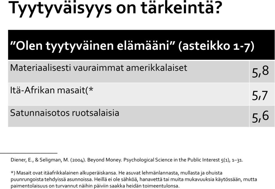 ruotsalaisia 5,6 Diener, E., & Seligman, M. (2004). Beyond Money. Psychological Science in the Public Interest 5(1), 1 31.