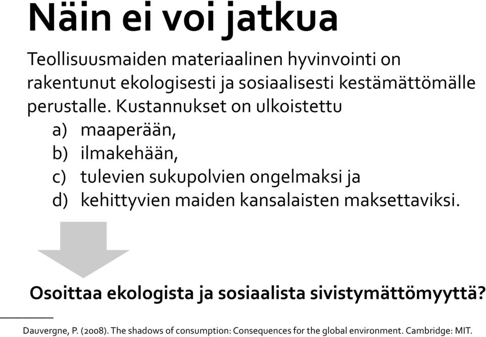 Kustannukset on ulkoistettu a) maaperään, b) ilmakehään, c) tulevien sukupolvien ongelmaksi ja d) kehittyvien