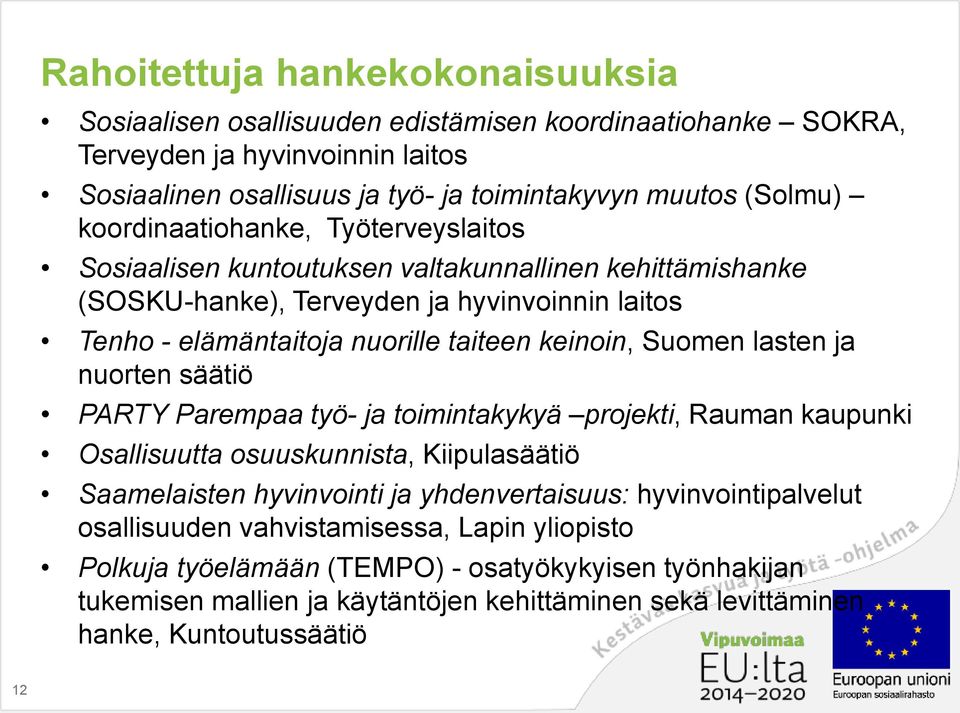 Suomen lasten ja nuorten säätiö PARTY Parempaa työ- ja toimintakykyä projekti, Rauman kaupunki Osallisuutta osuuskunnista, Kiipulasäätiö Saamelaisten hyvinvointi ja yhdenvertaisuus: