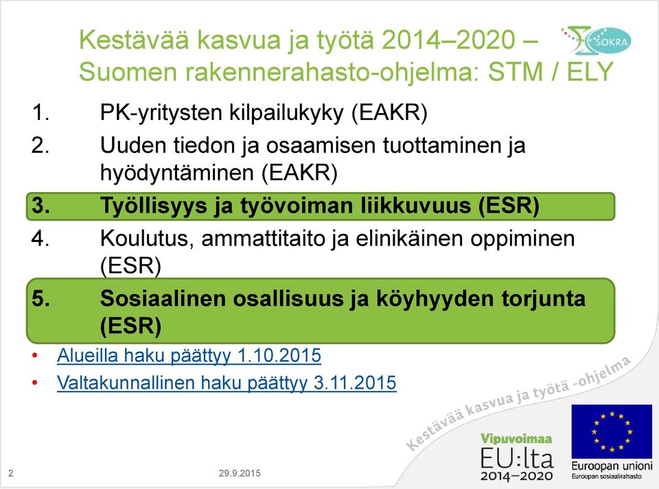 Työllisyys ja työvoiman liikkuvuus (ESR) 4. Koulutus, ammattitaito ja elinikäinen oppiminen (ESR) 5.