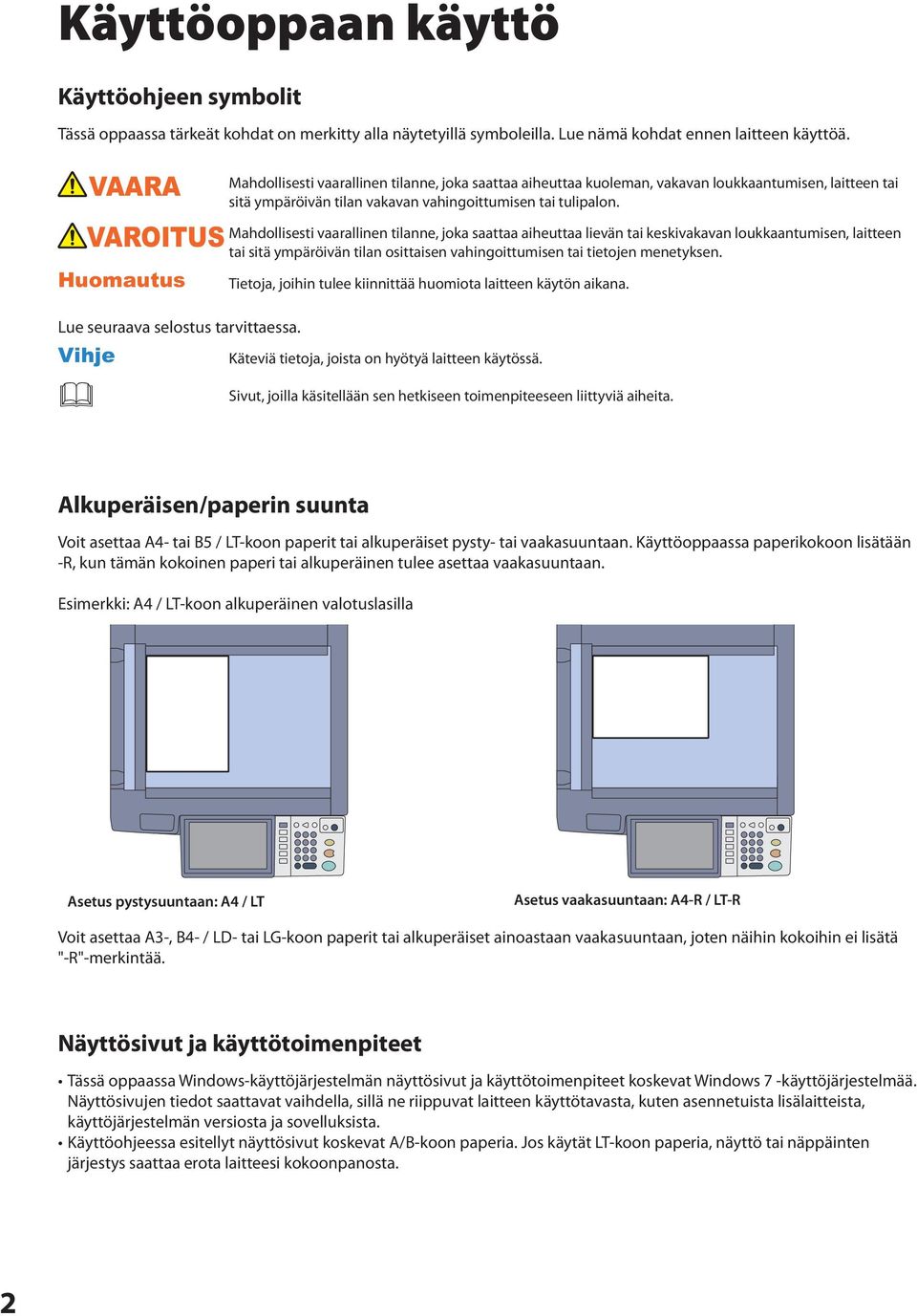 Mahdollisesti vaarallinen tilanne, joka saattaa aiheuttaa lievän tai keskivakavan loukkaantumisen, laitteen VAROITUS tai sitä ympäröivän tilan osittaisen vahingoittumisen tai tietojen menetyksen.