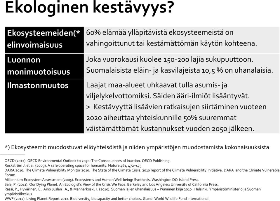 Säiden ääri-ilmiöt lisääntyvät. > Kestävyyttä lisäävien ratkaisujen siirtäminen vuoteen 2020 aiheuttaa yhteiskunnille 50% suuremmat väistämättömät kustannukset vuoden 2050 jälkeen.