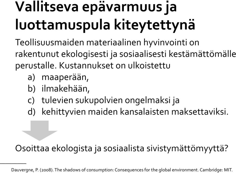 Kustannukset on ulkoistettu a) maaperään, b) ilmakehään, c) tulevien sukupolvien ongelmaksi ja d) kehittyvien maiden