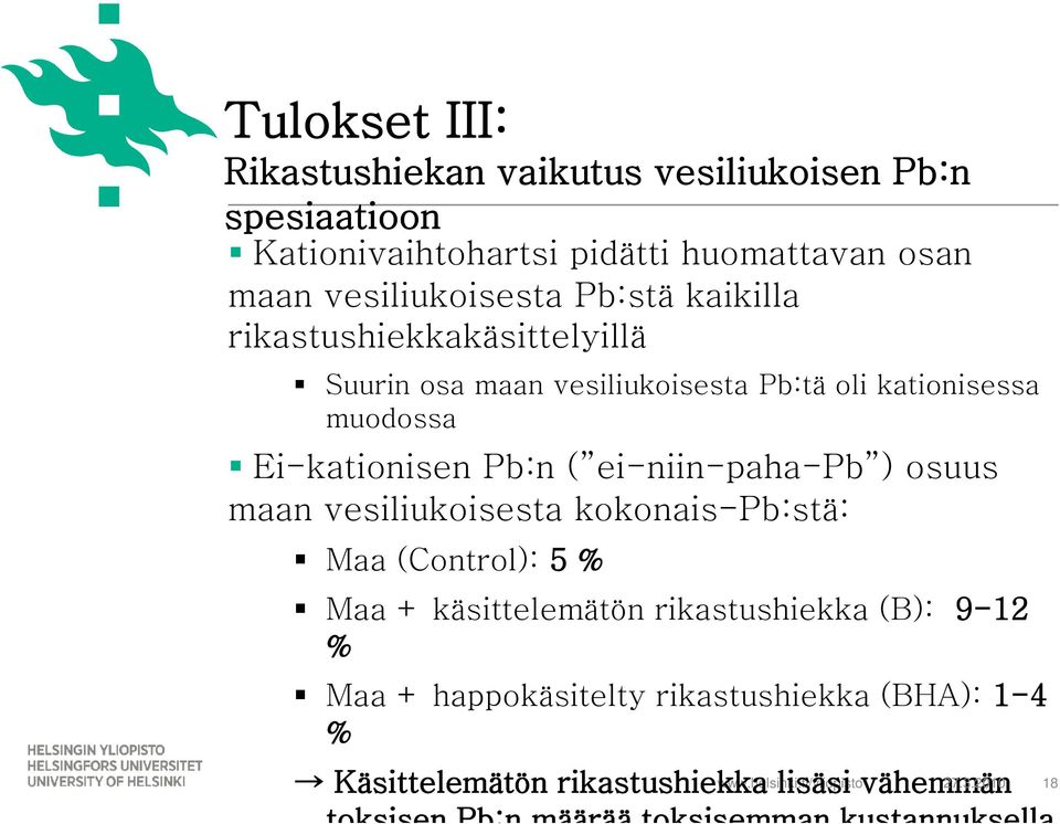 maan vesiliukoisesta kokonais-pb:stä: Maa (Control): 5 % Maa + käsittelemätön rikastushiekka (B): 9-12 % Maa + happokäsitelty rikastushiekka (BHA):