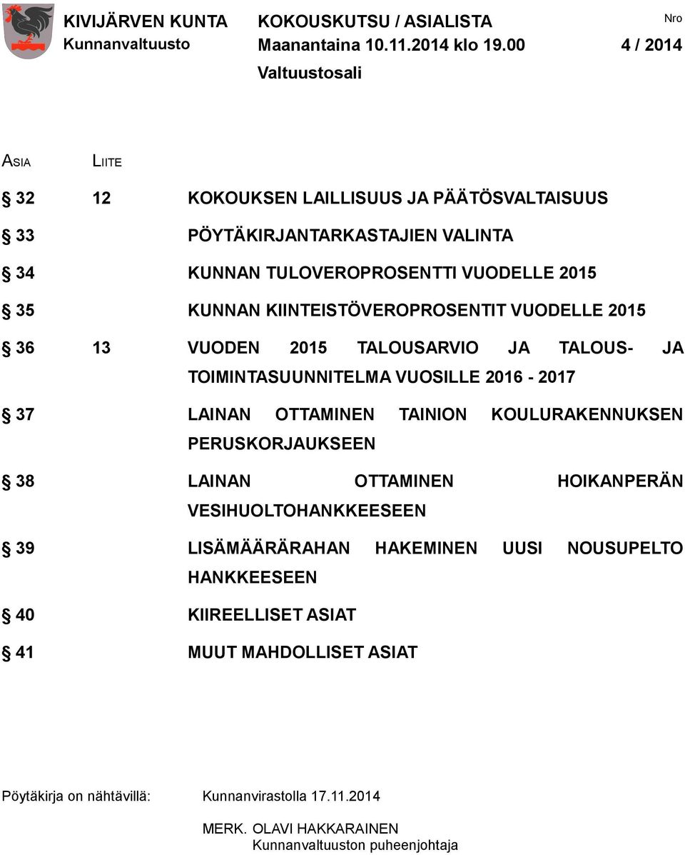 2015 35 KUNNAN KIINTEISTÖVEROPROSENTIT VUODELLE 2015 36 13 VUODEN 2015 TALOUSARVIO JA TALOUS- JA TOIMINTASUUNNITELMA VUOSILLE 2016-2017 37 LAINAN OTTAMINEN