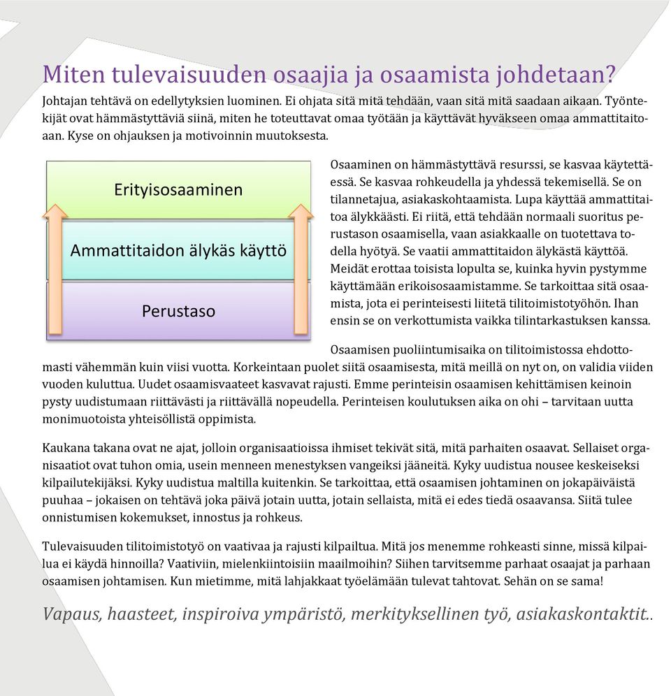 Erityisosaaminen Ammattitaidon älykäs käyttö Perustaso Osaaminen on hämmästyttävä resurssi, se kasvaa käytettäessä. Se kasvaa rohkeudella ja yhdessä tekemisellä.