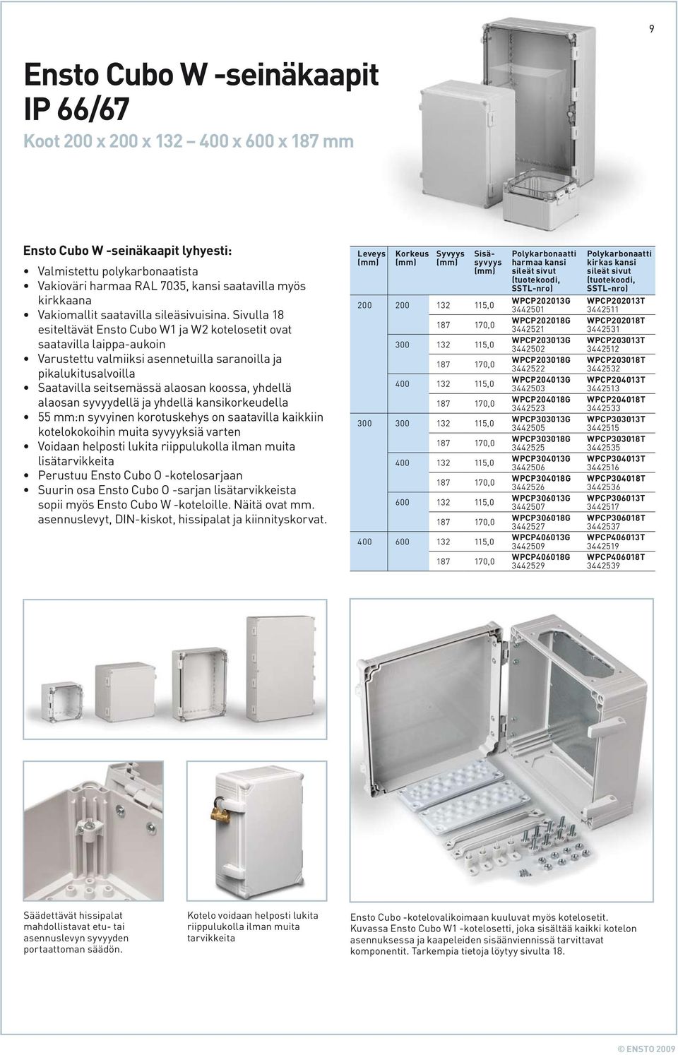 Sivulla 18 esiteltävät Ensto Cubo W1 ja W2 kotelosetit ovat saatavilla laippaaukoin Varustettu valmiiksi asennetuilla saranoilla ja pikalukitusalvoilla Saatavilla seitsemässä alaosan koossa, yhdellä