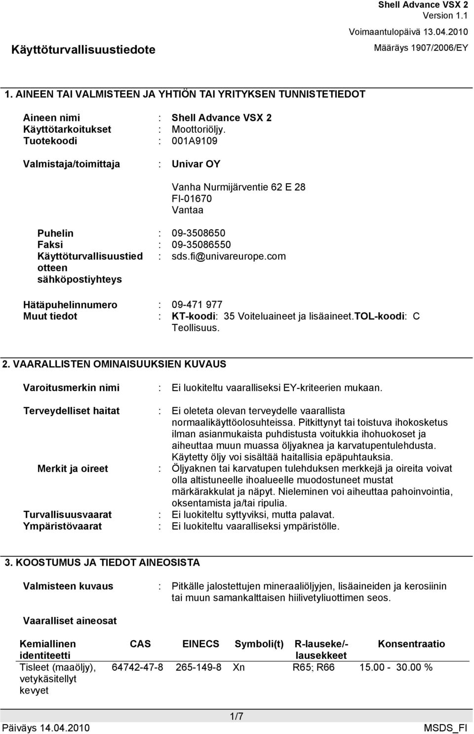 fi@univareurope.com Hätäpuhelinnumero : 09-471 977 Muut tiedot : KT-koodi: 35 Voiteluaineet ja lisäaineet.tol-koodi: C Teollisuus. 2.