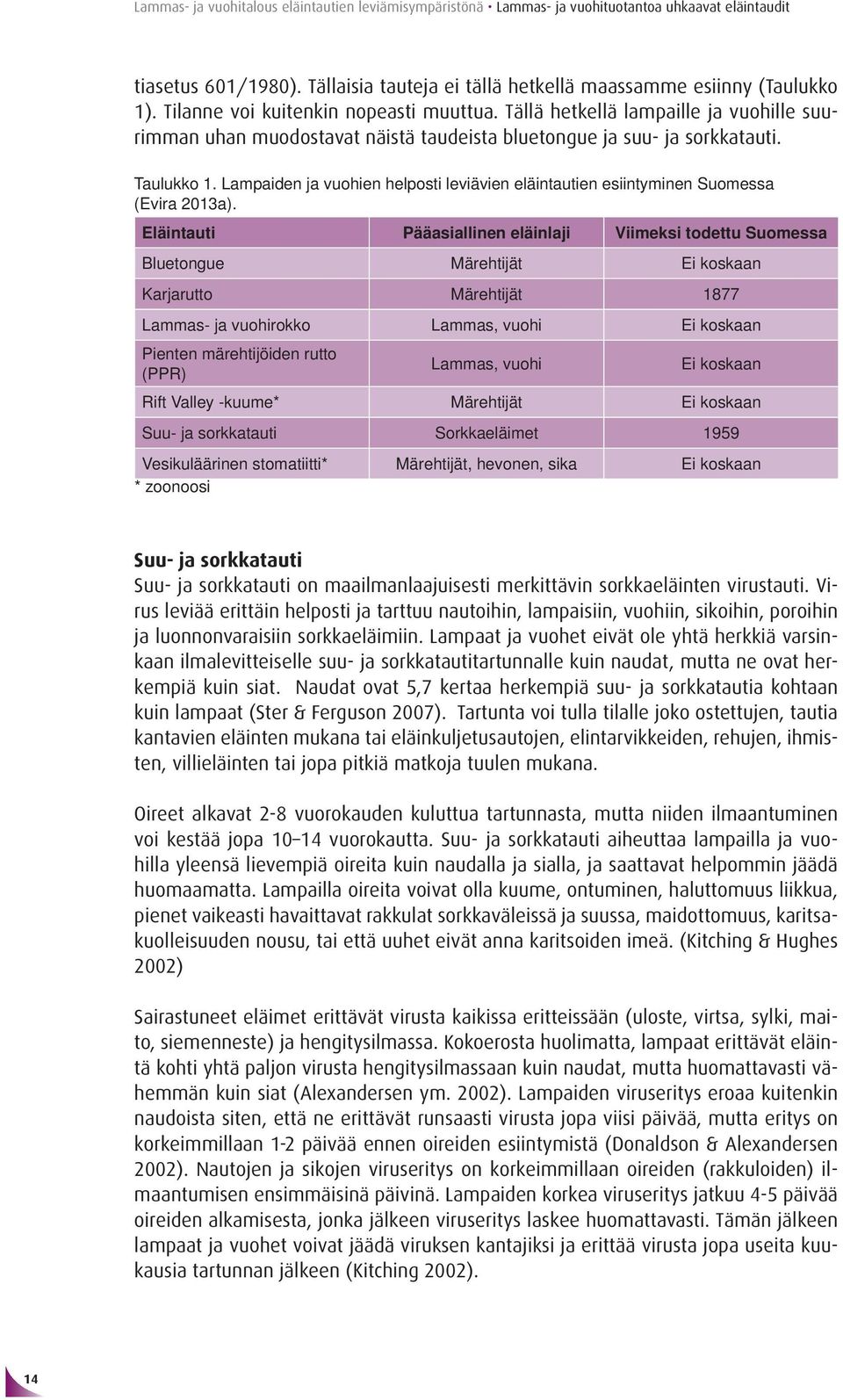 Lampaiden ja vuohien helposti leviävien eläintautien esiintyminen Suomessa (Evira 2013a).