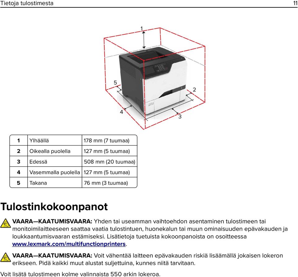 ominaisuuden epävakauden ja loukkaantumisvaaran estämiseksi. Lisätietoja tuetuista kokoonpanoista on osoitteessa www.lexmark.com/multifunctionprinters.