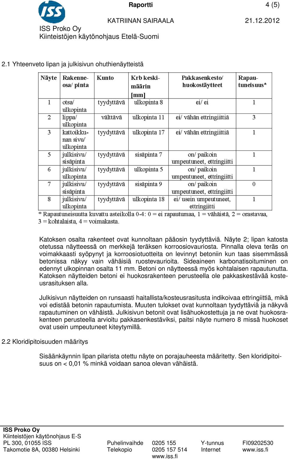 Pinnalla oleva teräs on voimakkaasti syöpynyt ja korroosiotuotteita on levinnyt betoniin kun taas sisemmässä betonissa näkyy vain vähäisiä ruostevaurioita.