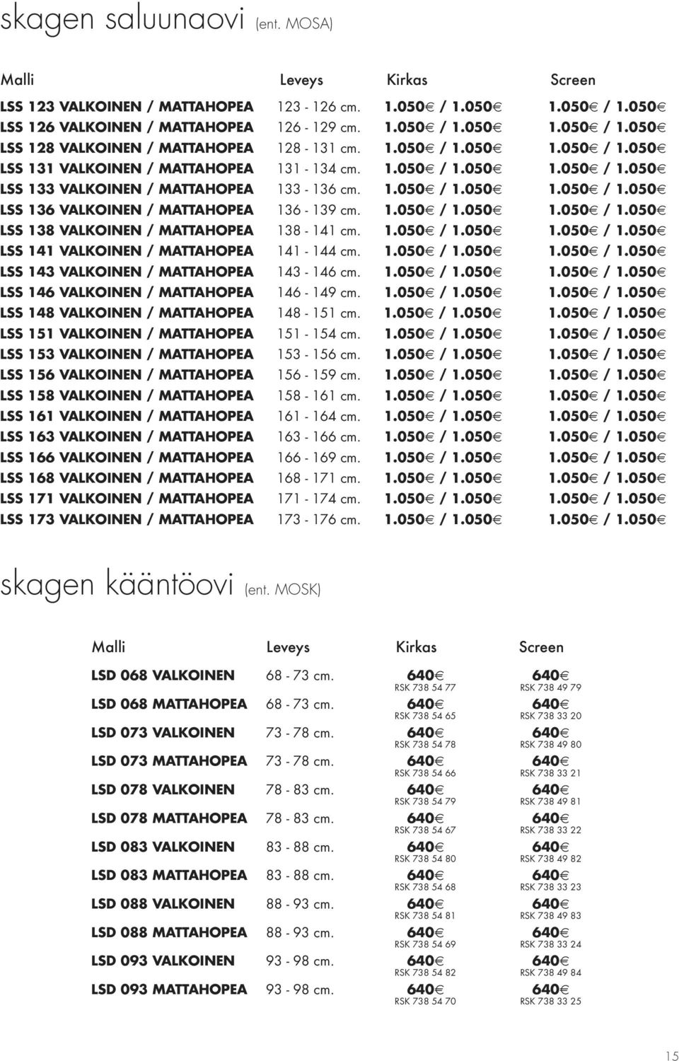 1.050 / 1.050 1.050 / 1.050 LSS 138 VALKOINEN / MATTAHOPEA 138-141 cm. 1.050 / 1.050 1.050 / 1.050 LSS 141 VALKOINEN / MATTAHOPEA 141-144 cm. 1.050 / 1.050 1.050 / 1.050 LSS 143 VALKOINEN / MATTAHOPEA 143-146 cm.