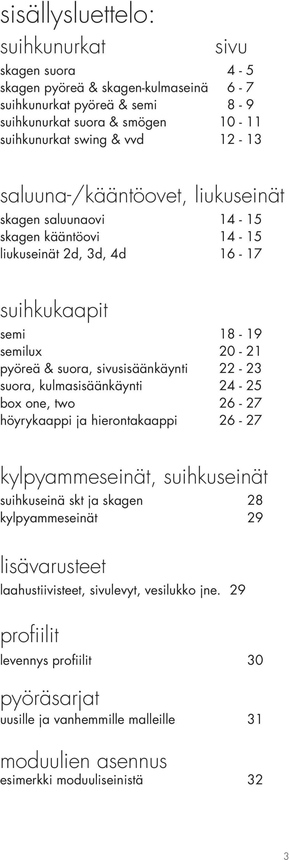 sivusisäänkäynti 22-23 suora, kulmasisäänkäynti 24-25 box one, two 26-27 höyrykaappi ja hierontakaappi 26-27 kylpyammeseinät, suihkuseinät suihkuseinä skt ja skagen 28